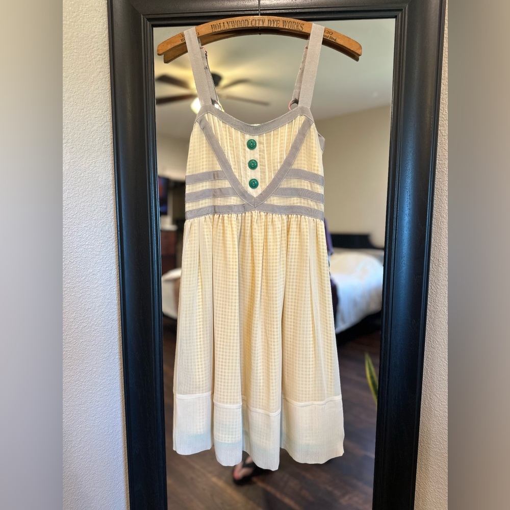 Matilda Jane Cream Sundress with Gray Trim and Green Button Detail